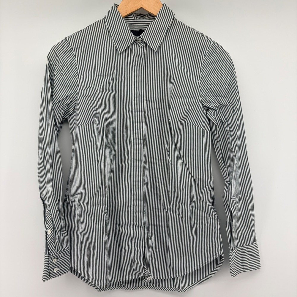 J.Crew Shirt Womens 2 Blue White Pinstripe Stretch Cotton Button Down Workwear